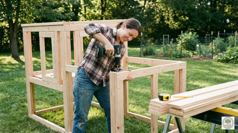 Man assembling a wooden chicken coop frame with basic tools