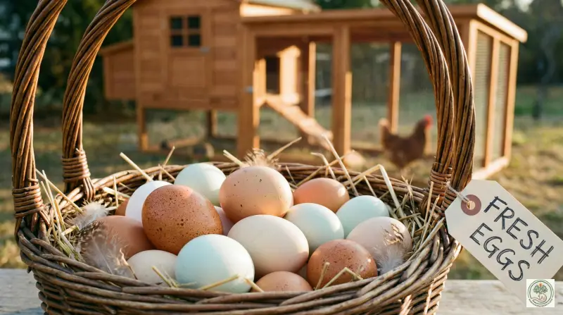 Fresh organic eggs in a basket in front of a DIY coop