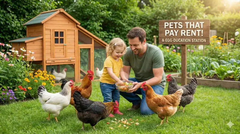 Happy family feeding chickens in a clean backyard environment
