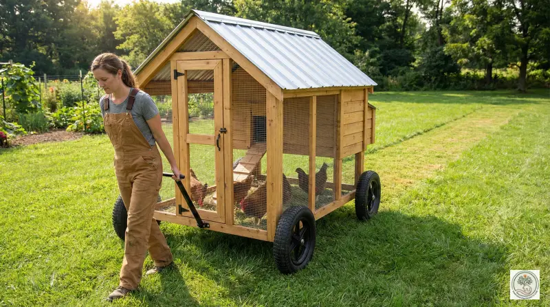 Mobile chicken tractor being moved easily on grass