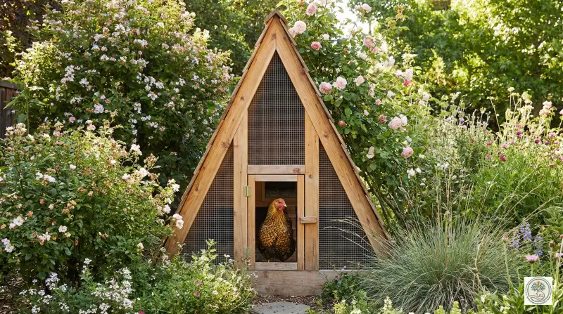 Beautiful A-frame coop blending perfectly into a flower garden