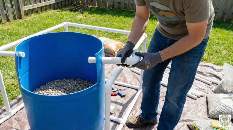Man assembling simple PVC pipes for an aquaponics grow bed