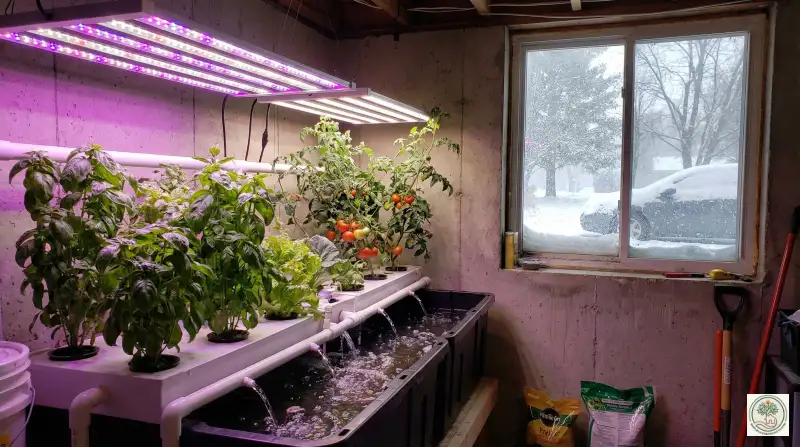 Indoor aquaponics setup with grow lights and thriving plants in winter