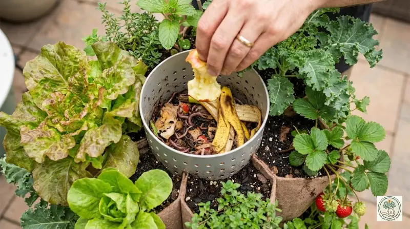 Person harvesting greens from a compact vertical garden tower