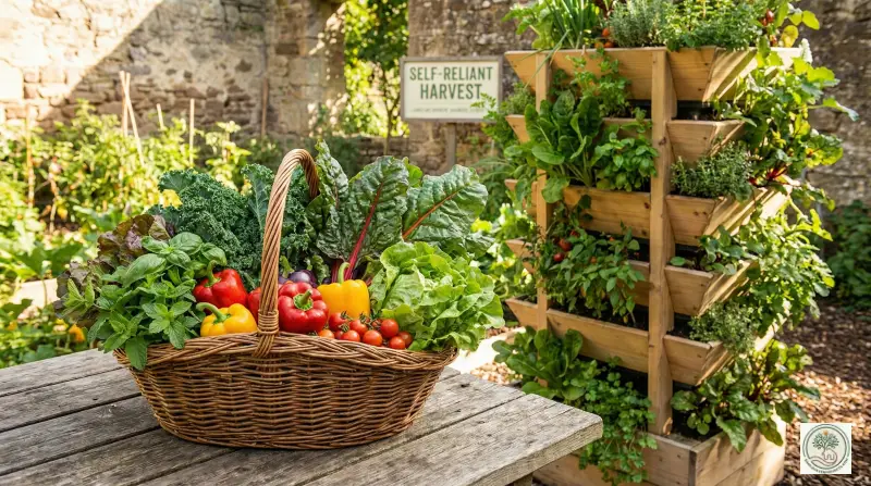 Basket full of fresh organic vegetables next to the garden tower