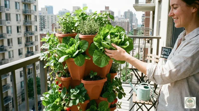 Compact high-yield vertical garden tower on a balcony