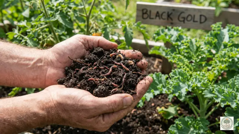 Hands holding rich organic compost soil and healthy vegetables