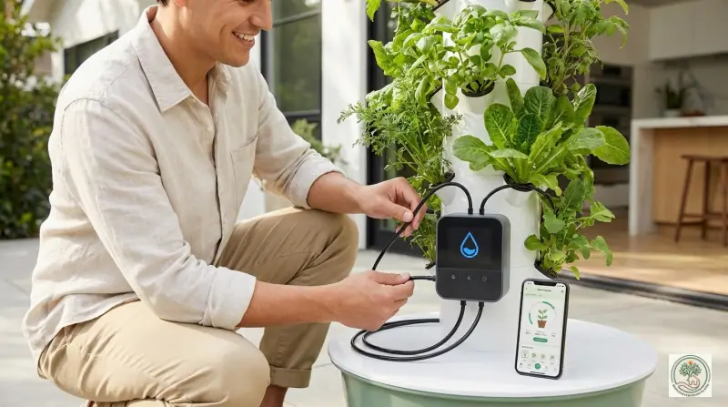 Person setting up a simple automated watering system for plants
