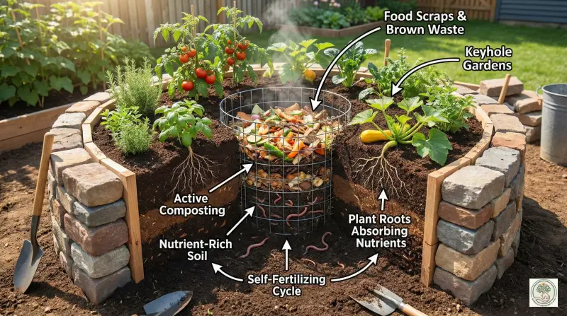 Setting up a composting core in a garden bed for self-fertilization