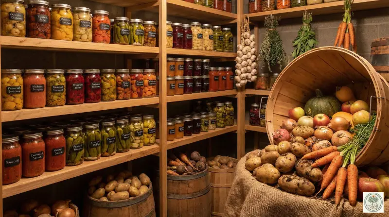 Pantry shelves stocked with preserved food next to fresh garden harvest