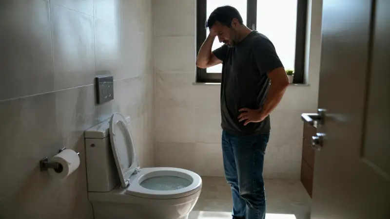 A frustrated homeowner looking at a slow-draining toilet, realizing the need for the best septic tank sludge dissolver