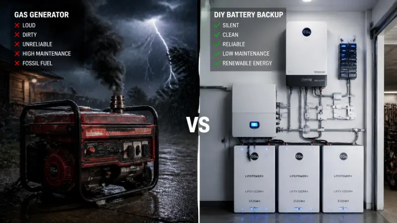 Visual comparison showing a loud, polluting gas generator versus a silent, efficient diy home battery backup system