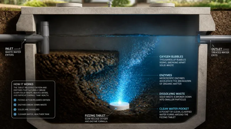 A scientific 3D diagram answering does septifix really work by showing the septifix oxygen releasing tablets dissolving solid waste at the bottom of the tank