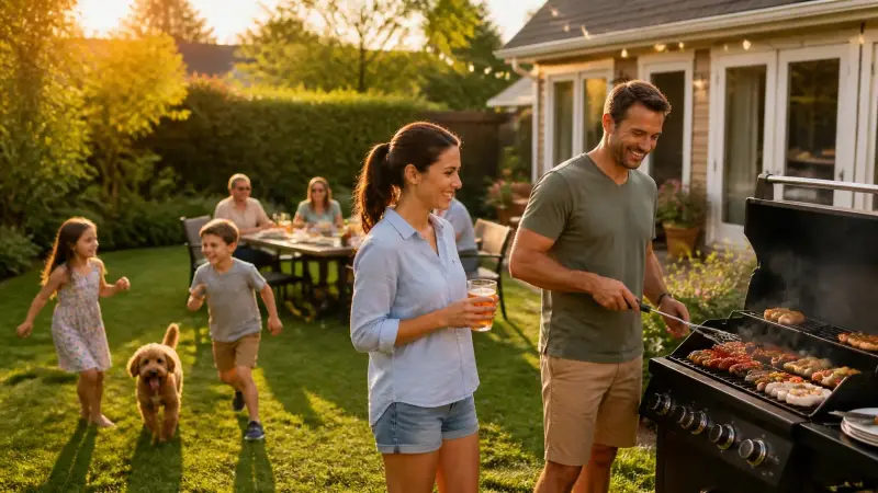 A happy family enjoying a barbecue in a clean, fresh-smelling backyard after successfully learning how to eliminate septic tank odor