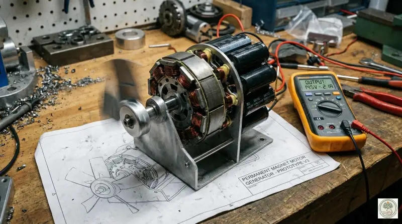 Working prototype of a fuel-less motor spinning a fan on a workbench
