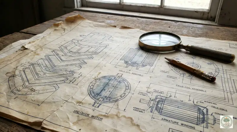 Old faded blueprints of an orgone energy accumulator and motor