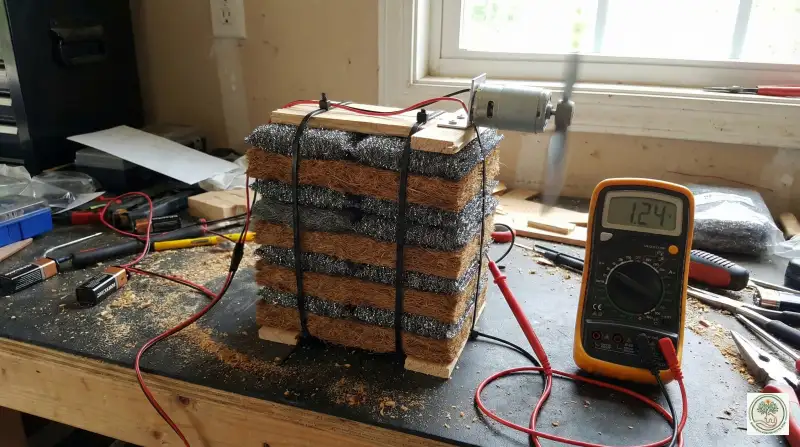 A DIY orgone motor device sitting on a workbench