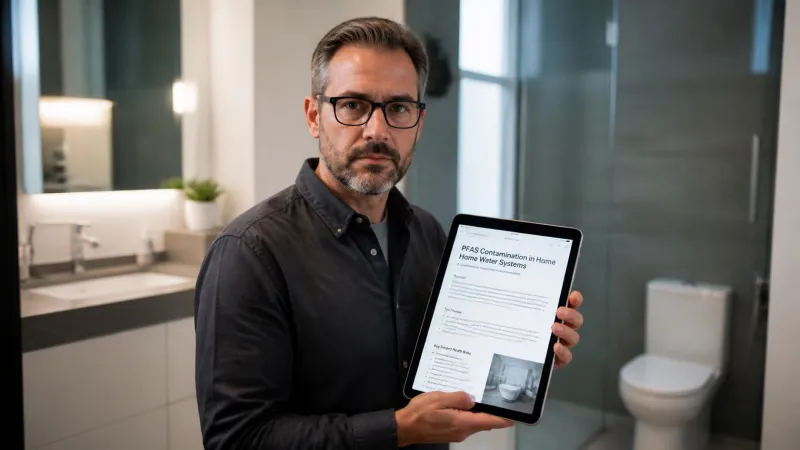 A cautious homeowner researching septifix reviews 2026 on a tablet while standing in front of a slow-draining bathroom sink