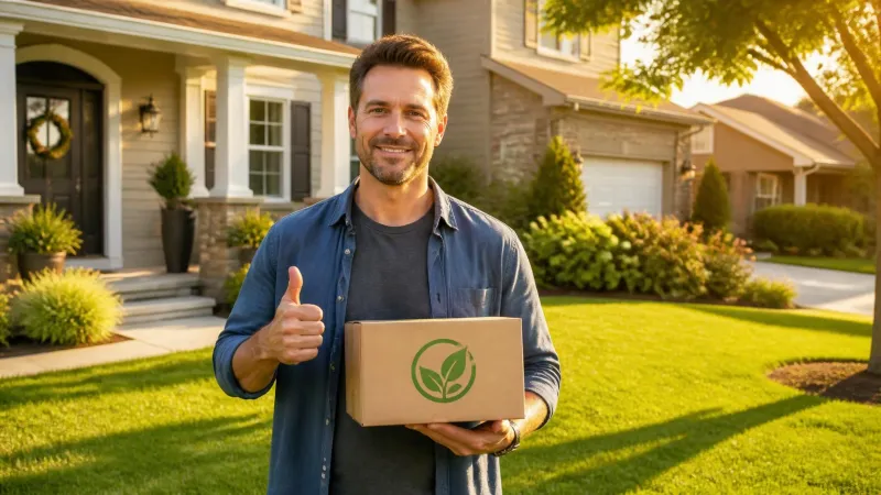 A confident homeowner holding a package of genuine product, demonstrating septifix where to buy safely and successfully avoiding expensive pumping fees