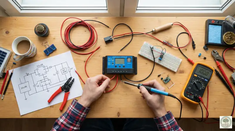 Hands connecting red and black wires to an inverter on a workbench