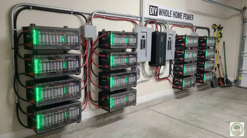 DIY battery wall installation in a garage with green LED indicators