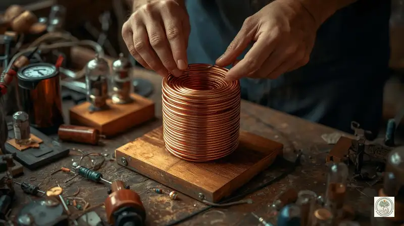 Hands building a copper coil antenna receiver for atmospheric energy