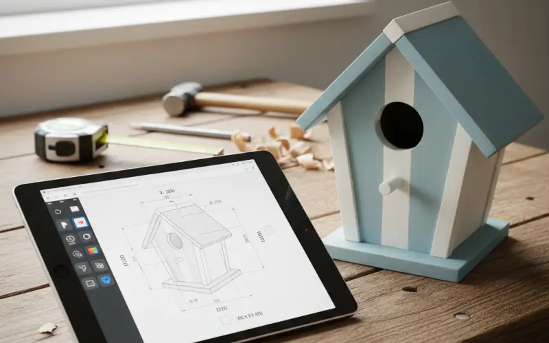 Tablet showing woodworking blueprints next to a finished birdhouse