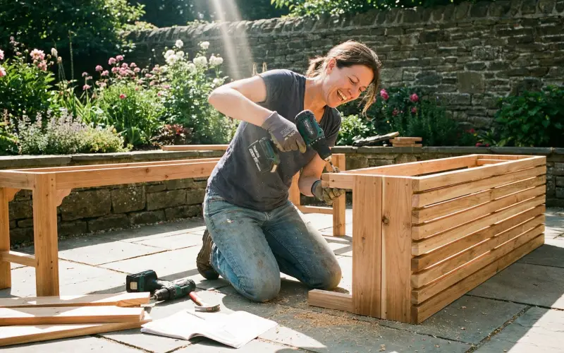 Man building an Adirondack chair in the backyard