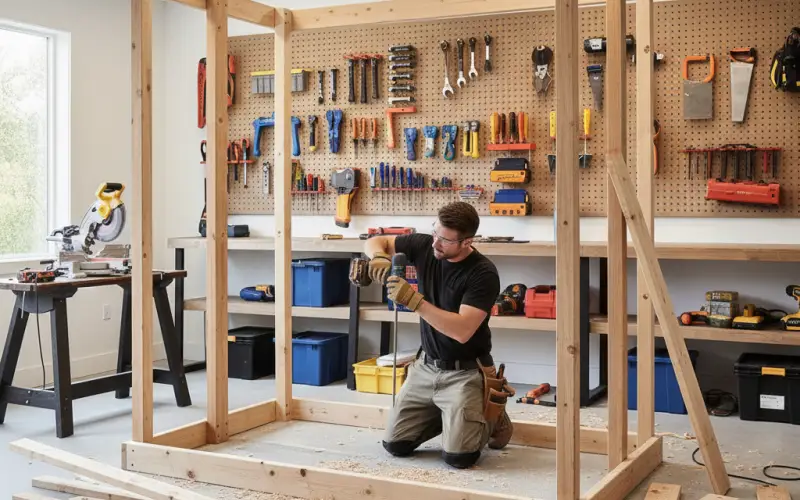 Man building heavy duty garage shelves with lumber