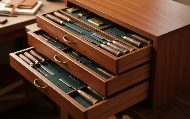 Beautiful handmade wooden tool chest and organized tools