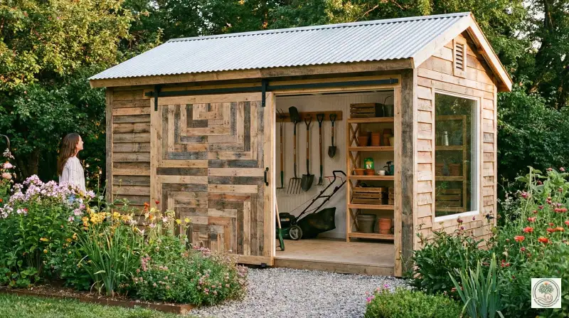 Finished DIY shed painted neatly in a garden