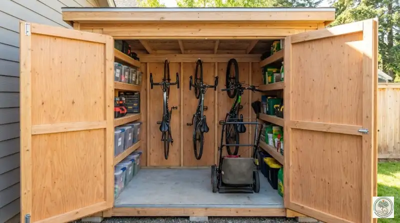 Open lean-to shed revealing organized bikes and garden tools