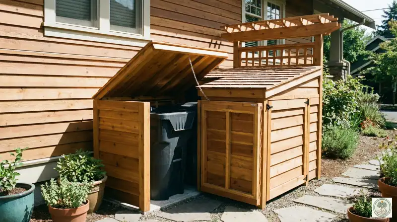 Beautiful wooden garbage bin enclosure next to a house